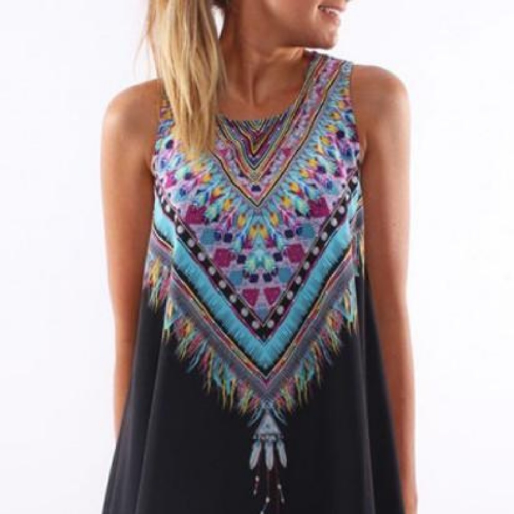 VINTAGE GABAN PRINT MINI BOHO DRESS (BLACK)